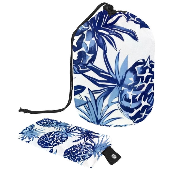 PhooArto Drawstring Cosmetic Bag, Barrel Shaped Portable Travel Makeup Bags, Navy Blue Pineapple Pattern Large Capacity Waterproof Multifunctional Bucket Toiletry Bag