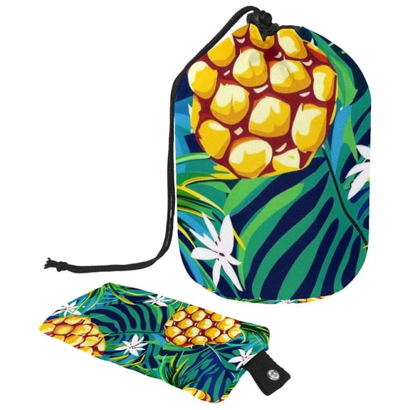 PhooArto Drawstring Cosmetic Bag, Barrel Shaped Portable Travel Makeup Bags, Palm Leaves Pineapples Pattern Large Capacity Waterproof Multifunctional Bucket Toiletry Bag