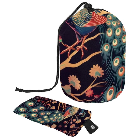 PhooArto Drawstring Cosmetic Bag, Barrel Shaped Portable Travel Makeup Bags, Peacock and Flowers Pattern Large Capacity Waterproof Multifunctional Bucket Toiletry Bag