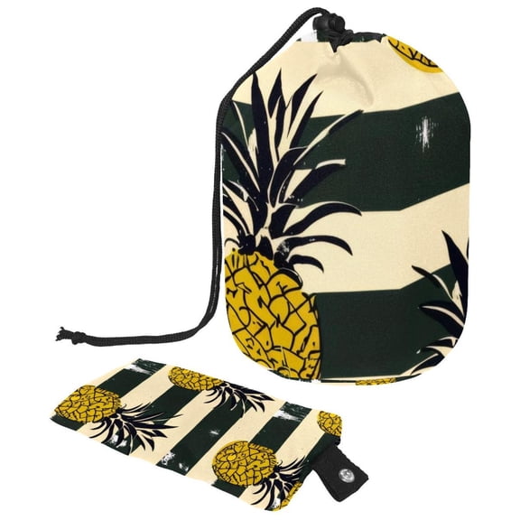 PhooArto Drawstring Cosmetic Bag, Barrel Shaped Portable Travel Makeup Bags, Pineapple Black Stripes Pattern Large Capacity Waterproof Multifunctional Bucket Toiletry Bag