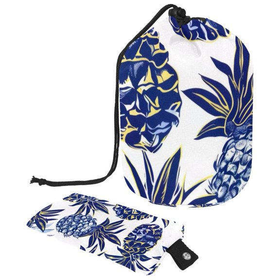PhooArto Drawstring Cosmetic Bag, Barrel Shaped Portable Travel Makeup Bags, Pineapple Navy Blue Pattern Large Capacity Waterproof Multifunctional Bucket Toiletry Bag