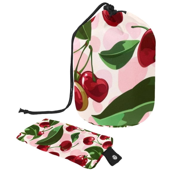 PhooArto Drawstring Cosmetic Bag, Barrel Shaped Portable Travel Makeup Bags, Pink Fruit Cherry Pattern Large Capacity Waterproof Multifunctional Bucket Toiletry Bag