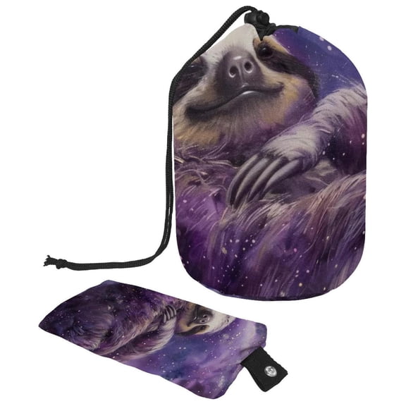 PhooArto Drawstring Cosmetic Bag, Barrel Shaped Portable Travel Makeup Bags, Purple Galaxy Sloth Large Capacity Waterproof Multifunctional Bucket Toiletry Bag