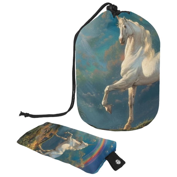 PhooArto Drawstring Cosmetic Bag, Barrel Shaped Portable Travel Makeup Bags, Rainbow Unicorn Painting Large Capacity Waterproof Multifunctional Bucket Toiletry Bag
