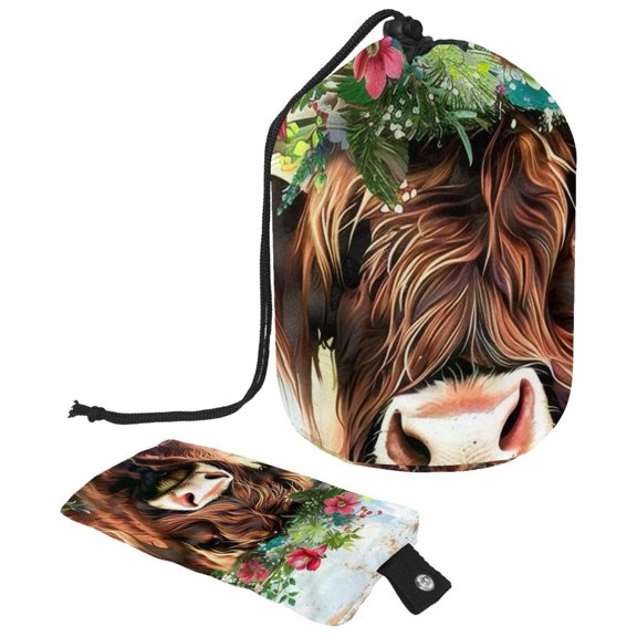 PhooArto Drawstring Cosmetic Bag, Barrel Shaped Portable Travel Makeup Bags, Rustic Highland Cow with Wreath Large Capacity Waterproof Multifunctional Bucket Toiletry Bag