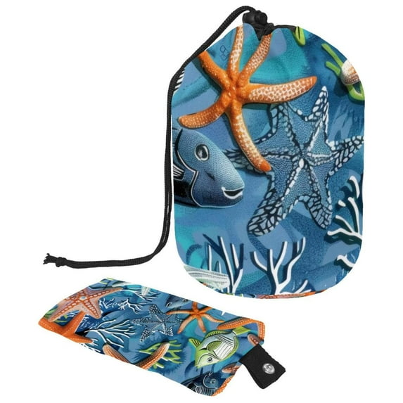 PhooArto Drawstring Cosmetic Bag, Barrel Shaped Portable Travel Makeup Bags, Sea Fish Coral Starfish Pattern Large Capacity Waterproof Multifunctional Bucket Toiletry Bag