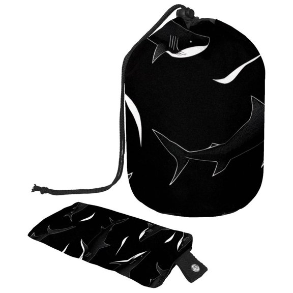 PhooArto Drawstring Cosmetic Bag, Barrel Shaped Portable Travel Makeup Bags, Shark Black Silhouette Large Capacity Waterproof Multifunctional Bucket Toiletry Bag