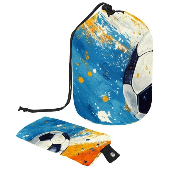 PhooArto Drawstring Cosmetic Bag, Barrel Shaped Portable Travel Makeup Bags, Splatter Soccer Pattern Large Capacity Waterproof Multifunctional Bucket Toiletry Bag