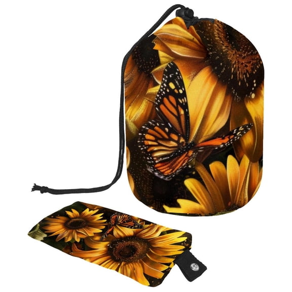 PhooArto Drawstring Cosmetic Bag, Barrel Shaped Portable Travel Makeup Bags, Sunflower Butterflies Large Capacity Waterproof Multifunctional Bucket Toiletry Bag