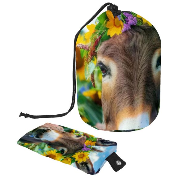 PhooArto Drawstring Cosmetic Bag, Barrel Shaped Portable Travel Makeup Bags, Sunflower Field Donkey Wreath Large Capacity Waterproof Multifunctional Bucket Toiletry Bag