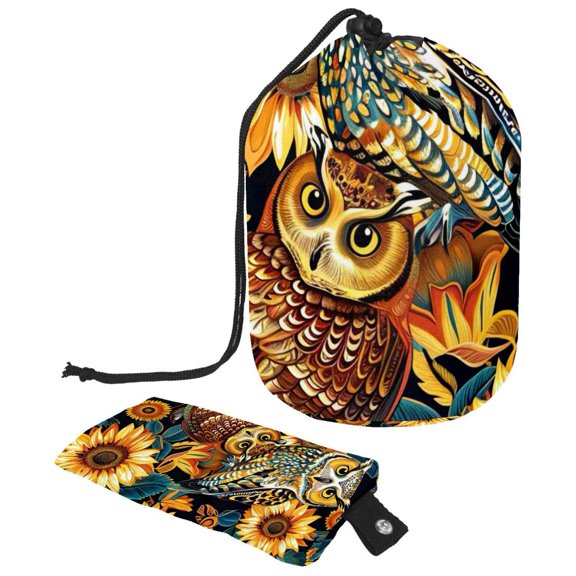 PhooArto Drawstring Cosmetic Bag, Barrel Shaped Portable Travel Makeup Bags, Sunflowers Animals Owls Large Capacity Waterproof Multifunctional Bucket Toiletry Bag