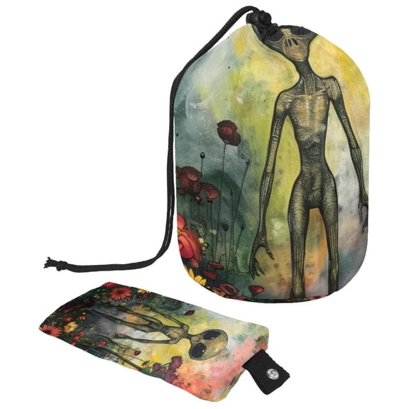 PhooArto Drawstring Cosmetic Bag, Barrel Shaped Portable Travel Makeup Bags, Vintage Floral Alien Large Capacity Waterproof Multifunctional Bucket Toiletry Bag