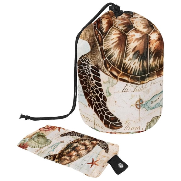 PhooArto Drawstring Cosmetic Bag, Barrel Shaped Portable Travel Makeup Bags, Vintage Map Sea Turtle Large Capacity Waterproof Multifunctional Bucket Toiletry Bag