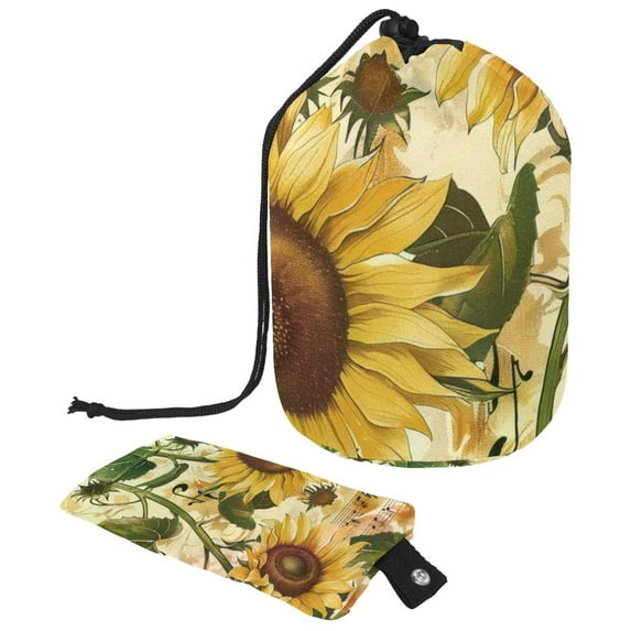 PhooArto Drawstring Cosmetic Bag, Barrel Shaped Portable Travel Makeup Bags, Vintage Music Notes Sunflowers Pattern Large Capacity Waterproof Multifunctional Bucket Toiletry Bag
