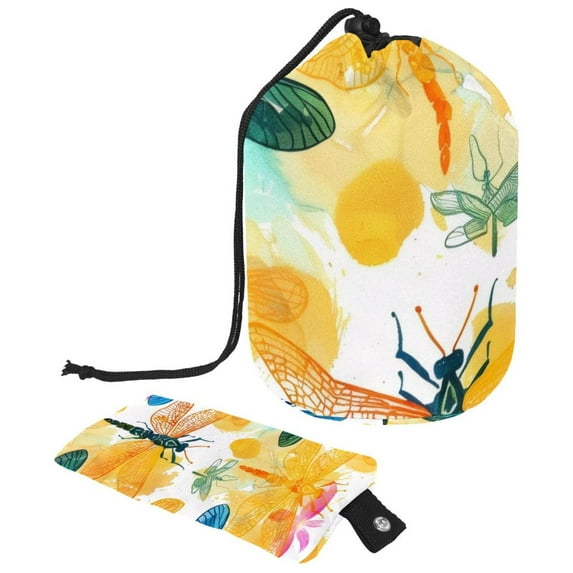 PhooArto Drawstring Cosmetic Bag, Barrel Shaped Portable Travel Makeup Bags, Watercolor Dragonflies Colored Pattern Large Capacity Waterproof Multifunctional Bucket Toiletry Bag