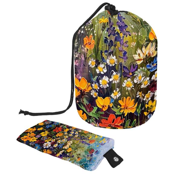 PhooArto Drawstring Cosmetic Bag, Barrel Shaped Portable Travel Makeup Bags, Wildflowers Floral Pattern Large Capacity Waterproof Multifunctional Bucket Toiletry Bag