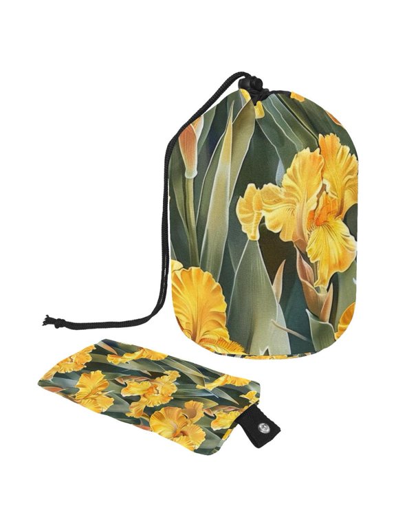 Drawstring Cosmetic Bag, Barrel Shaped Portable Travel Makeup Bags, Yellow Flower Iris Pattern Large Capacity Waterproof Multifunctional Bucket Toiletry Bag