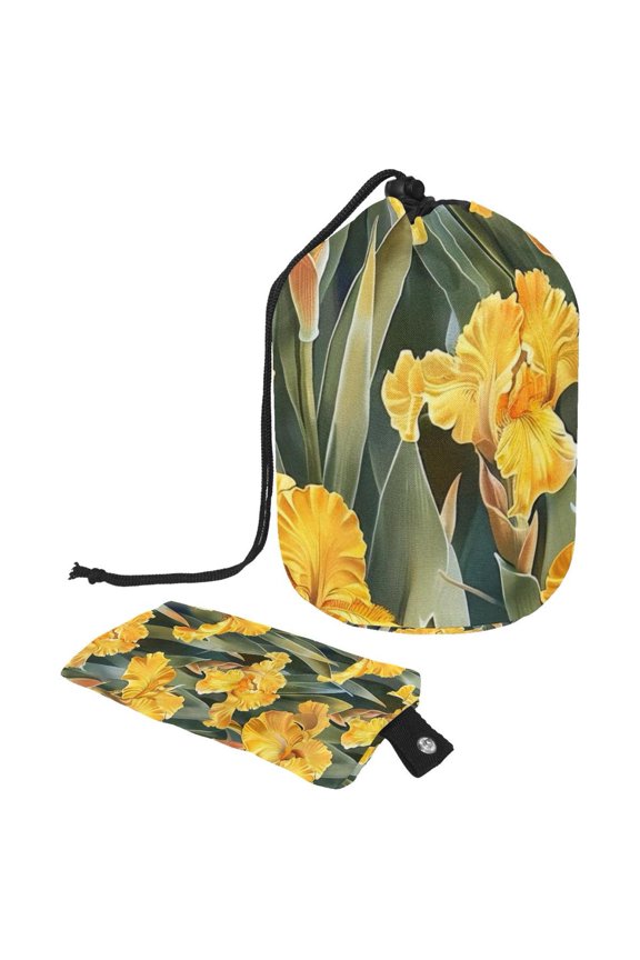 Drawstring Cosmetic Bag, Barrel Shaped Portable Travel Makeup Bags, Yellow Flower Iris Pattern Large Capacity Waterproof Multifunctional Bucket Toiletry Bag