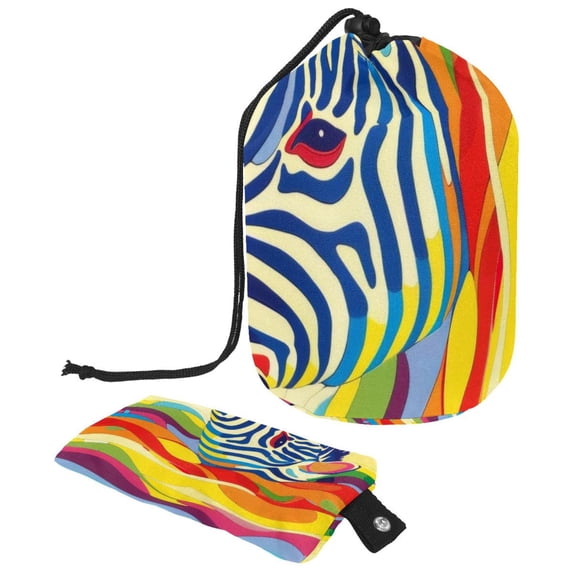 PhooArto Drawstring Cosmetic Bag, Barrel Shaped Portable Travel Makeup Bags, Zebra Rainbow Print Large Capacity Waterproof Multifunctional Bucket Toiletry Bag