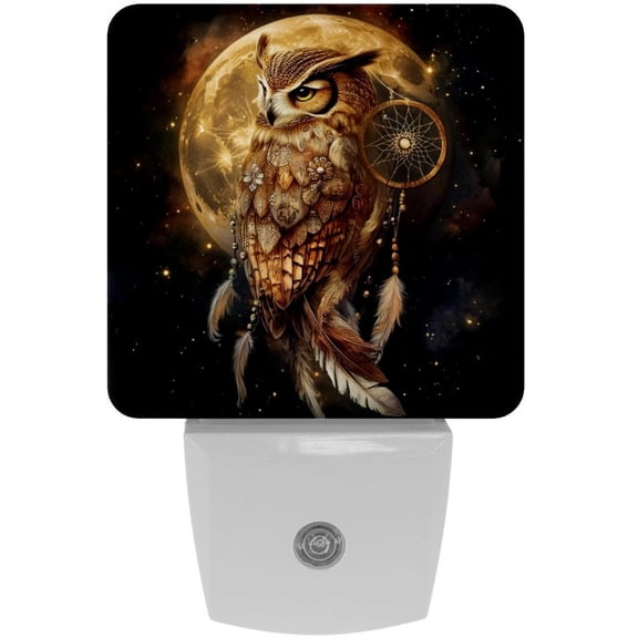 PhooArto Dream Catcher Owl Golden Moon Plug in LED Night Light Auto Sensor Dusk to Dawn Decorative Night for Bedroom, Bathroom, Kitchen, Hallway, Stairs, Baby's Room, Energy Saving