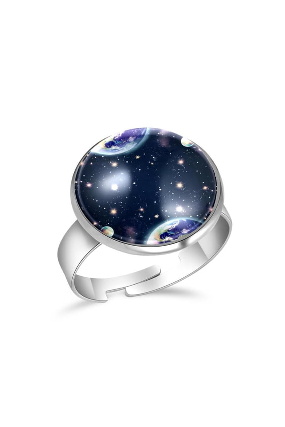 Earth Galaxy Universe Pattern Stainless Steel Rings for Women, Open Adjustable Ring Promise Ring Jewelry Gifts