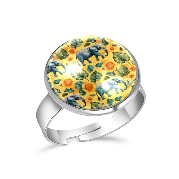 PhooArto Elephants Sunflower Palm Pattern Stainless Steel Rings for Women, Open Adjustable Ring Promise Ring Jewelry Gifts