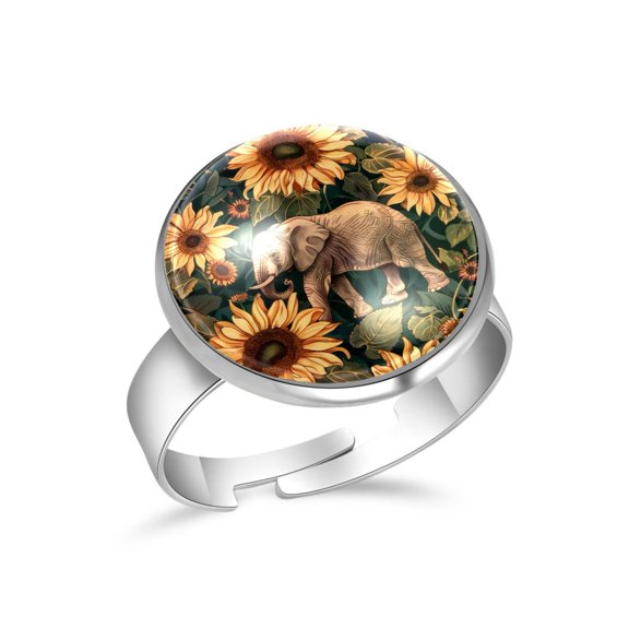 PhooArto Elephants Sunflower Pattern Stainless Steel Rings for Women, Open Adjustable Ring Promise Ring Jewelry Gifts