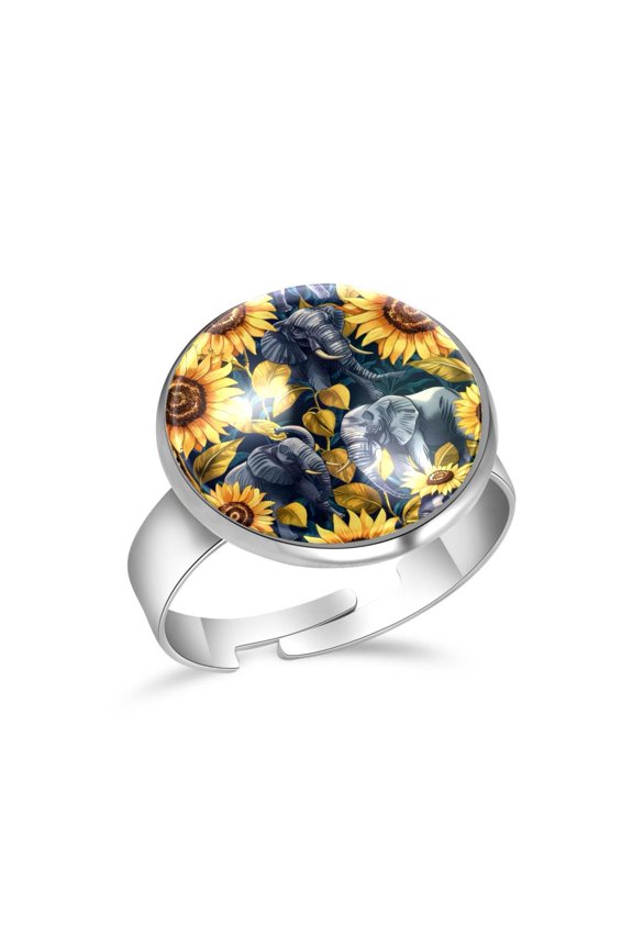 Elephants Sunflowers Pattern Stainless Steel Rings for Women, Open Adjustable Ring Promise Ring Jewelry Gifts