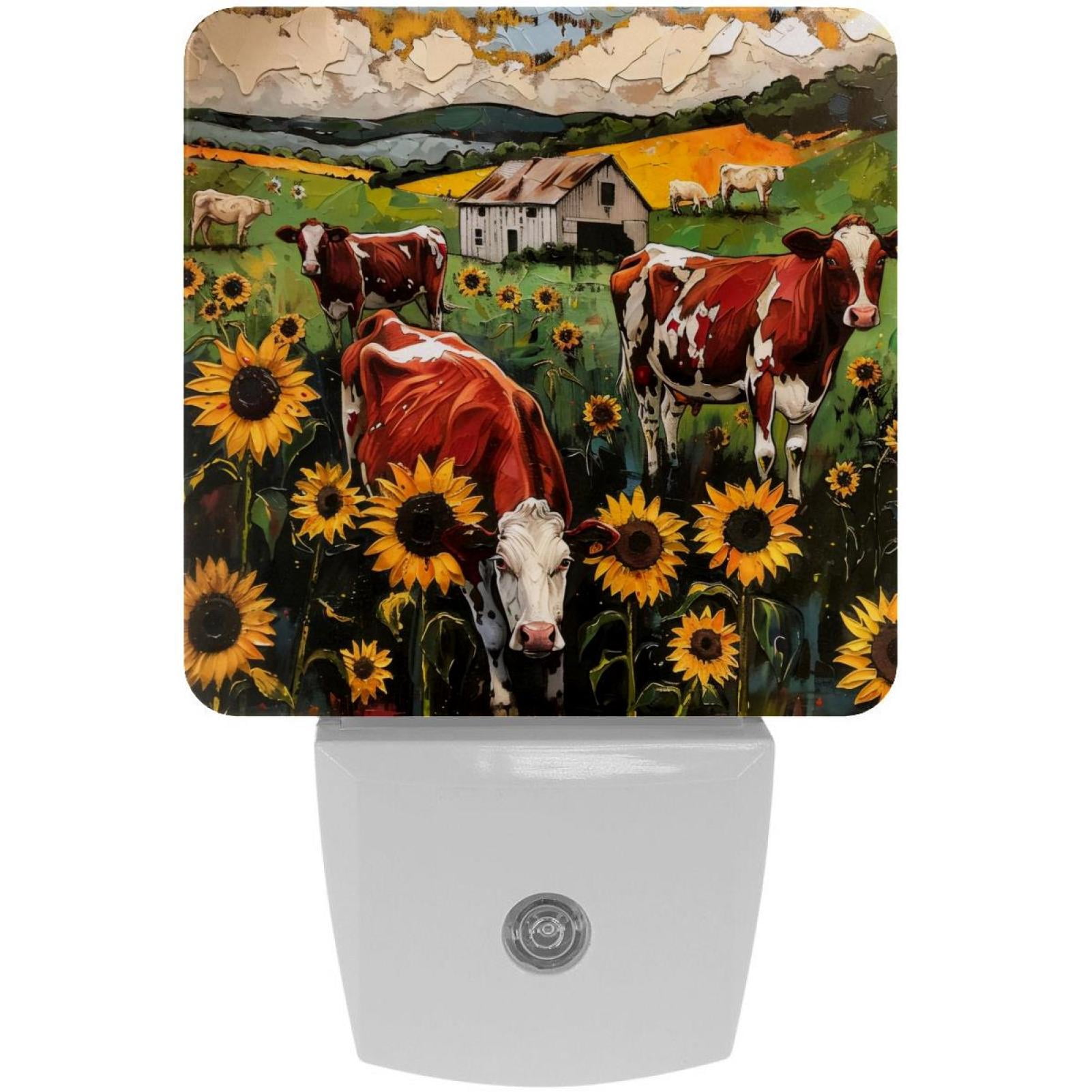 PhooArto Farm Cows Sunflowers Plug in LED Night Light Auto Sensor Dusk to Dawn Decorative Night for Bedroom, Bathroom, Kitchen, Hallway, Stairs, Baby's Room, Energy Saving