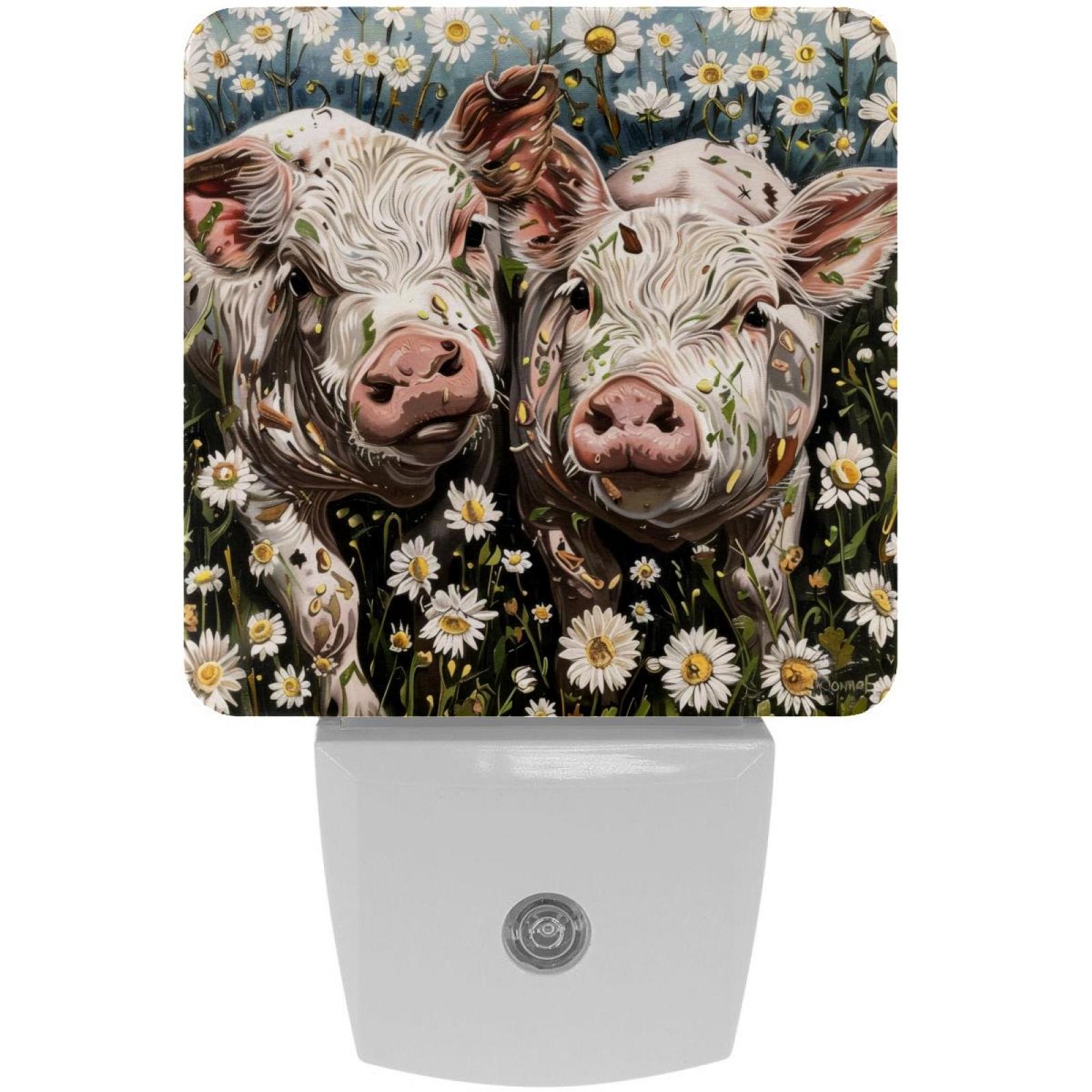 PhooArto Farm Pigs Daisy Flowers Plug in LED Night Light Auto Sensor Dusk to Dawn Decorative Night for Bedroom, Bathroom, Kitchen, Hallway, Stairs, Baby's Room, Energy Saving