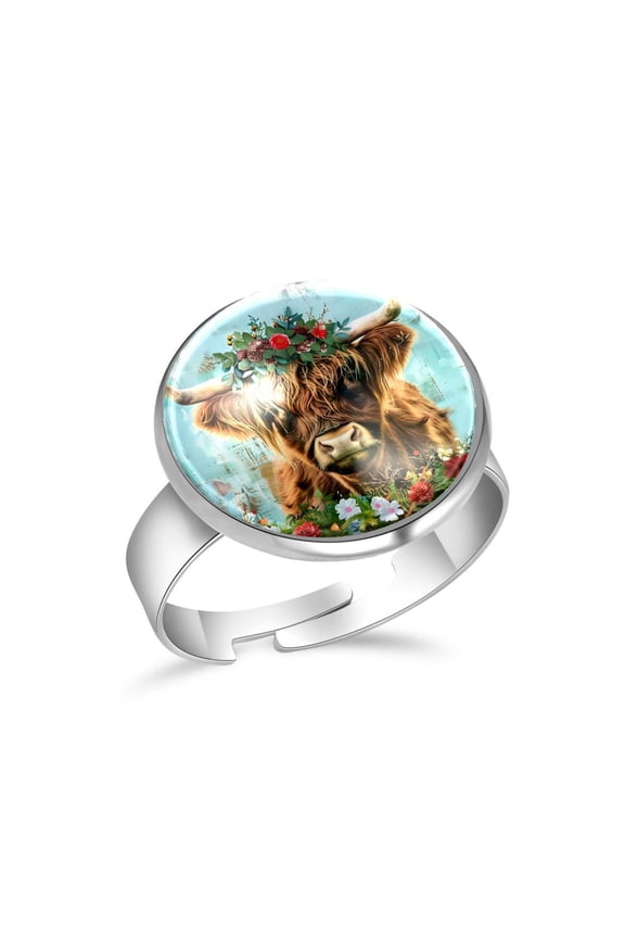 Farm Rustic Highland Cow Wreath Stainless Steel Rings for Women, Open Adjustable Ring Promise Ring Jewelry Gifts