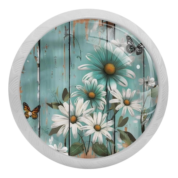 PhooArto Farm Teal Daisy Butterfly 4 PCS Crystal Glass Cabinet Knobs, Drawer Kitchen Cabinets Dresser Cupboard Wardrobe Pulls Handle - Glowing in the Dark
