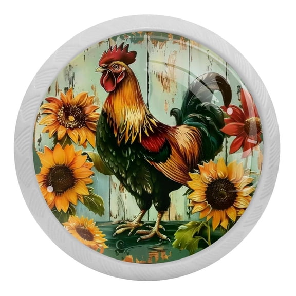 PhooArto Farmhouse Rooster Sunflowers 4 PCS Crystal Glass Cabinet Knobs, Drawer Kitchen Cabinets Dresser Cupboard Wardrobe Pulls Handle - Glowing in the Dark