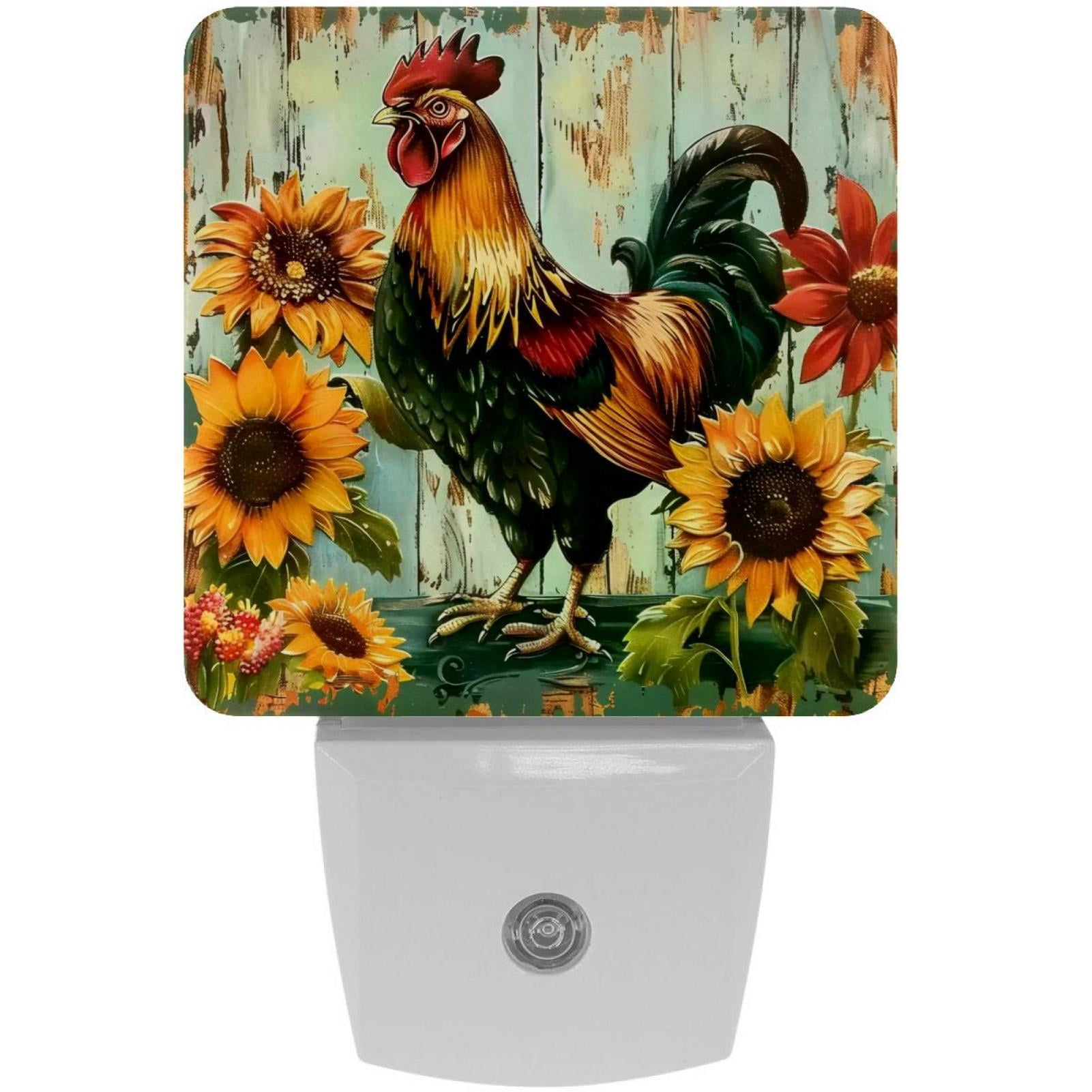PhooArto Farmhouse Rooster Sunflowers Plug in LED Night Light Auto Sensor Dusk to Dawn Decorative Night for Bedroom, Bathroom, Kitchen, Hallway, Stairs, Baby's Room, Energy Saving