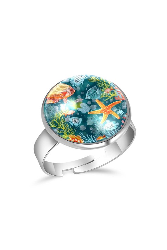 Fish Coral Starfish Pattern Stainless Steel Rings for Women, Open Adjustable Ring Promise Ring Jewelry Gifts