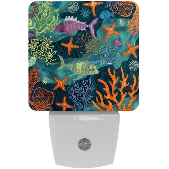 PhooArto Fish Coral Starfish Sea Pattern Plug in LED Night Light Auto Sensor Dusk to Dawn Decorative Night for Bedroom, Bathroom, Kitchen, Hallway, Stairs, Baby's Room, Energy Saving