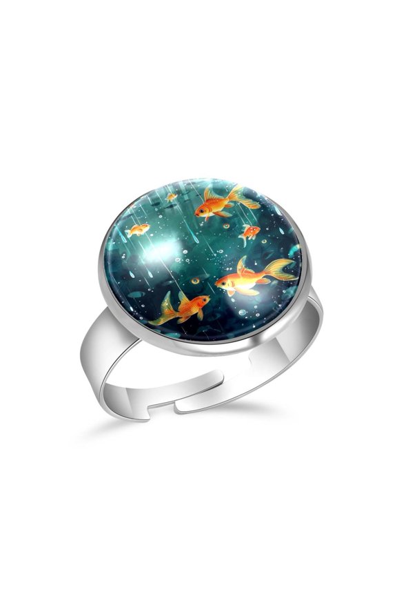 Fish Goldfish Raining Stainless Steel Rings for Women, Open Adjustable Ring Promise Ring Jewelry Gifts