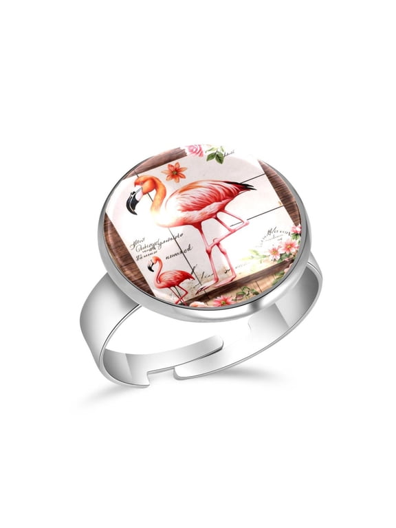 Flamingo Rose Flowers Stainless Steel Rings for Women, Open Adjustable Ring Promise Ring Jewelry Gifts