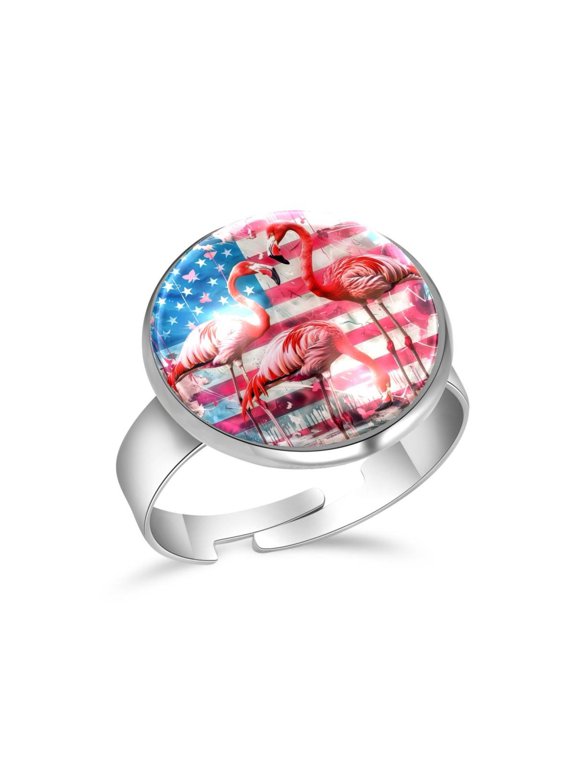 Flamingos on USA Flag Stainless Steel Rings for Women, Open Adjustable Ring Promise Ring Jewelry Gifts