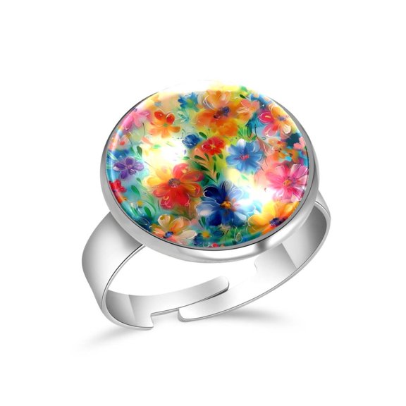 PhooArto Floral Colorful Painting Stainless Steel Rings for Women, Open Adjustable Ring Promise Ring Jewelry Gifts