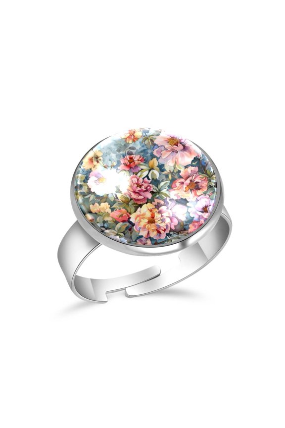 Floral Watercolor Flowers Painting Stainless Steel Rings for Women, Open Adjustable Ring Promise Ring Jewelry Gifts