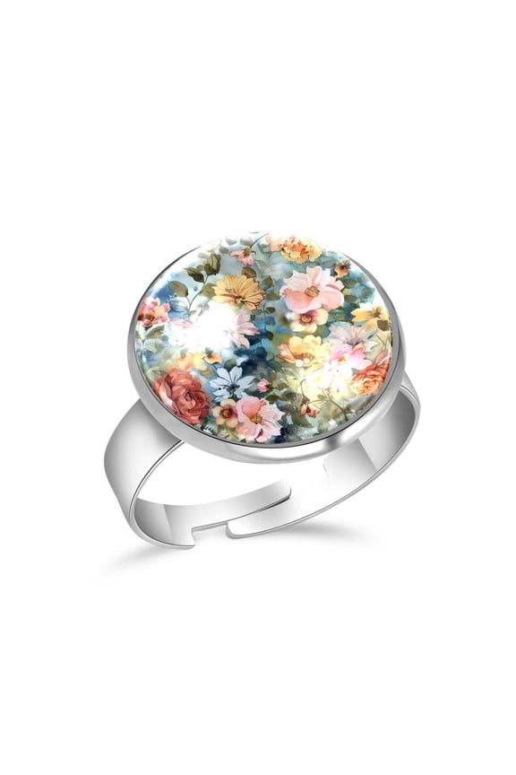 Floral Watercolor Flowers Stainless Steel Rings for Women, Open Adjustable Ring Promise Ring Jewelry Gifts