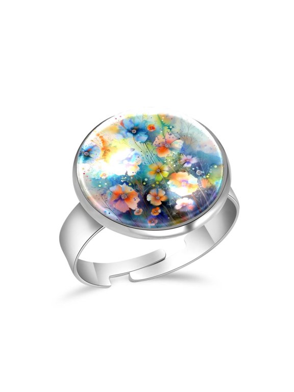 Floral Watercolor Painting Stainless Steel Rings for Women, Open Adjustable Ring Promise Ring Jewelry Gifts