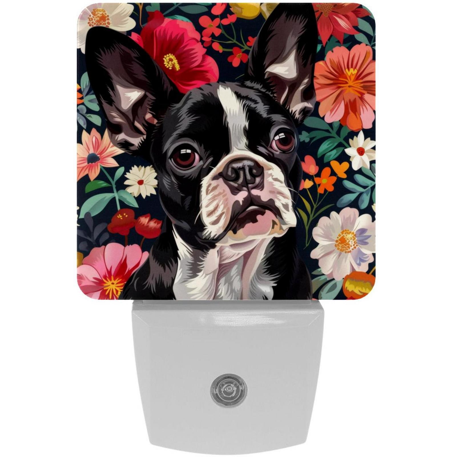 PhooArto Flower Boston Terriers Pattern Plug in LED Night Light Auto Sensor Dusk to Dawn Decorative Night for Bedroom, Bathroom, Kitchen, Hallway, Stairs, Baby's Room, Energy Saving