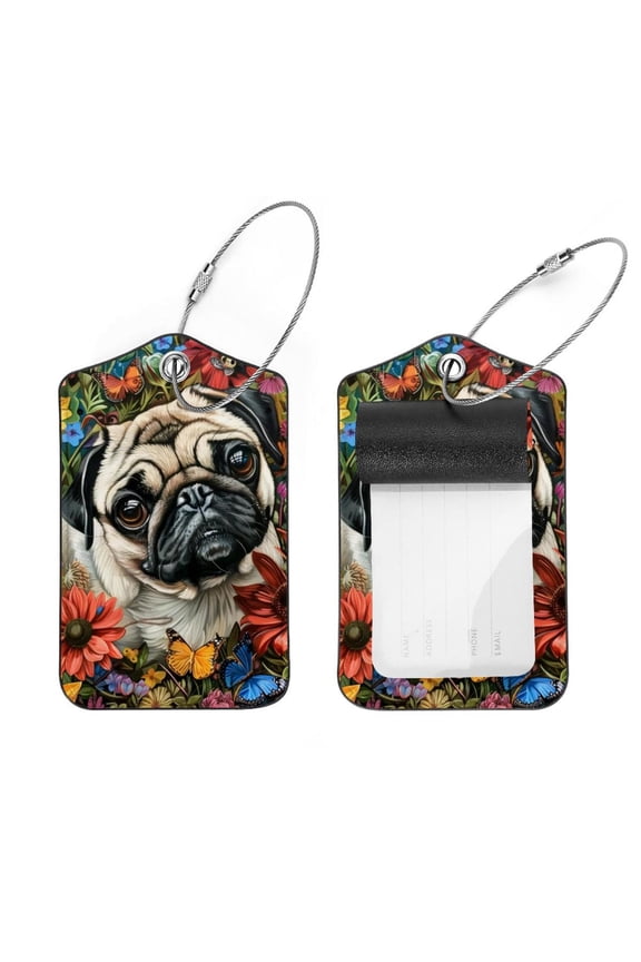 Flower Butterflies Pug Dog Luggage Tags with Stainless Steel Loop, 2 Pack Luggage Tag Holders for Travel Luggage Baggage Identifier