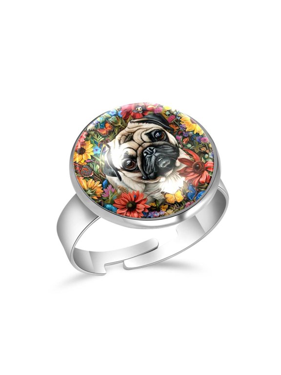 Flower Butterflies Pug Dog Stainless Steel Rings for Women, Open Adjustable Ring Promise Ring Jewelry Gifts