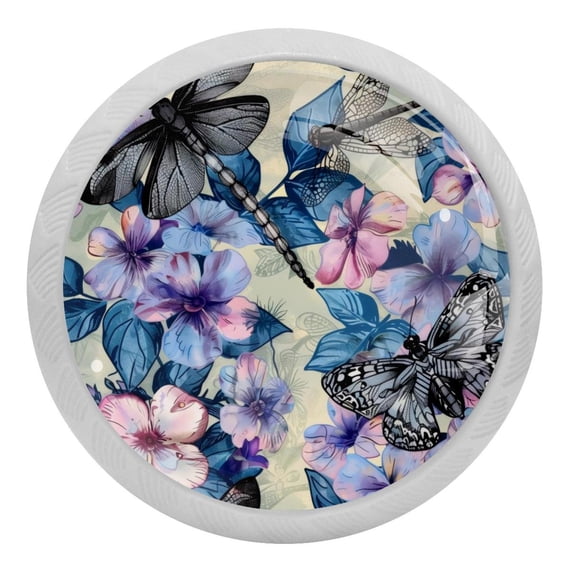 PhooArto Flower Butterfly Dragonfly Pattern 4 PCS Crystal Glass Cabinet Knobs, Drawer Kitchen Cabinets Dresser Cupboard Wardrobe Pulls Handle - Glowing in the Dark