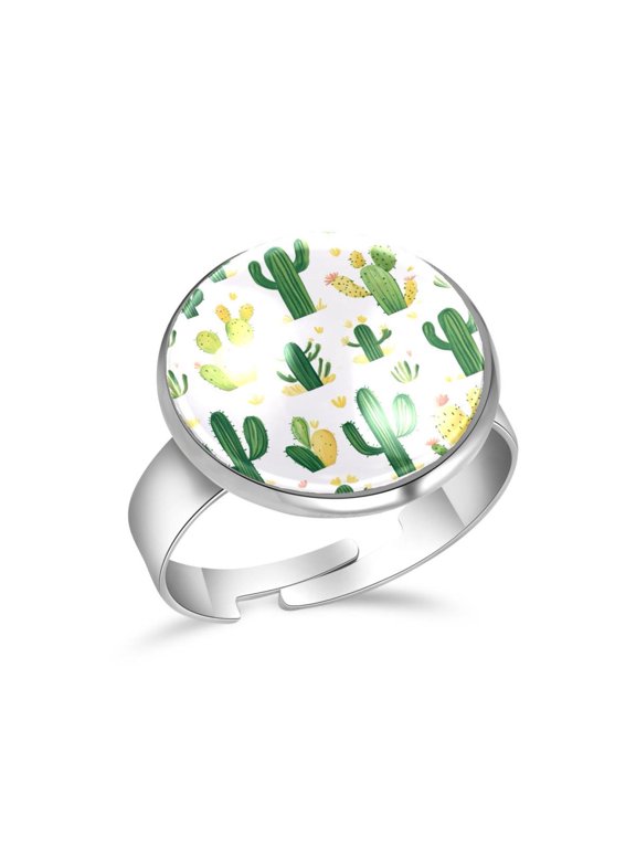 Flower Cactus Patterns Stainless Steel Rings for Women, Open Adjustable Ring Promise Ring Jewelry Gifts
