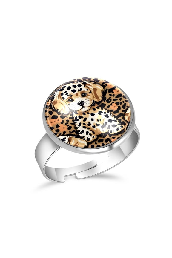 Flower Dog Leopard Pattern Stainless Steel Rings for Women, Open Adjustable Ring Promise Ring Jewelry Gifts