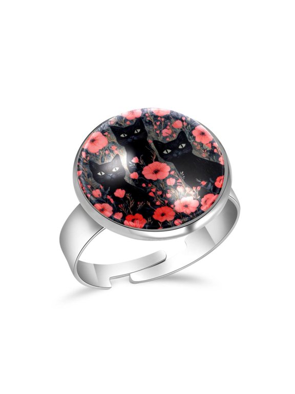 Flowers Black Cats Stainless Steel Rings for Women, Open Adjustable Ring Promise Ring Jewelry Gifts